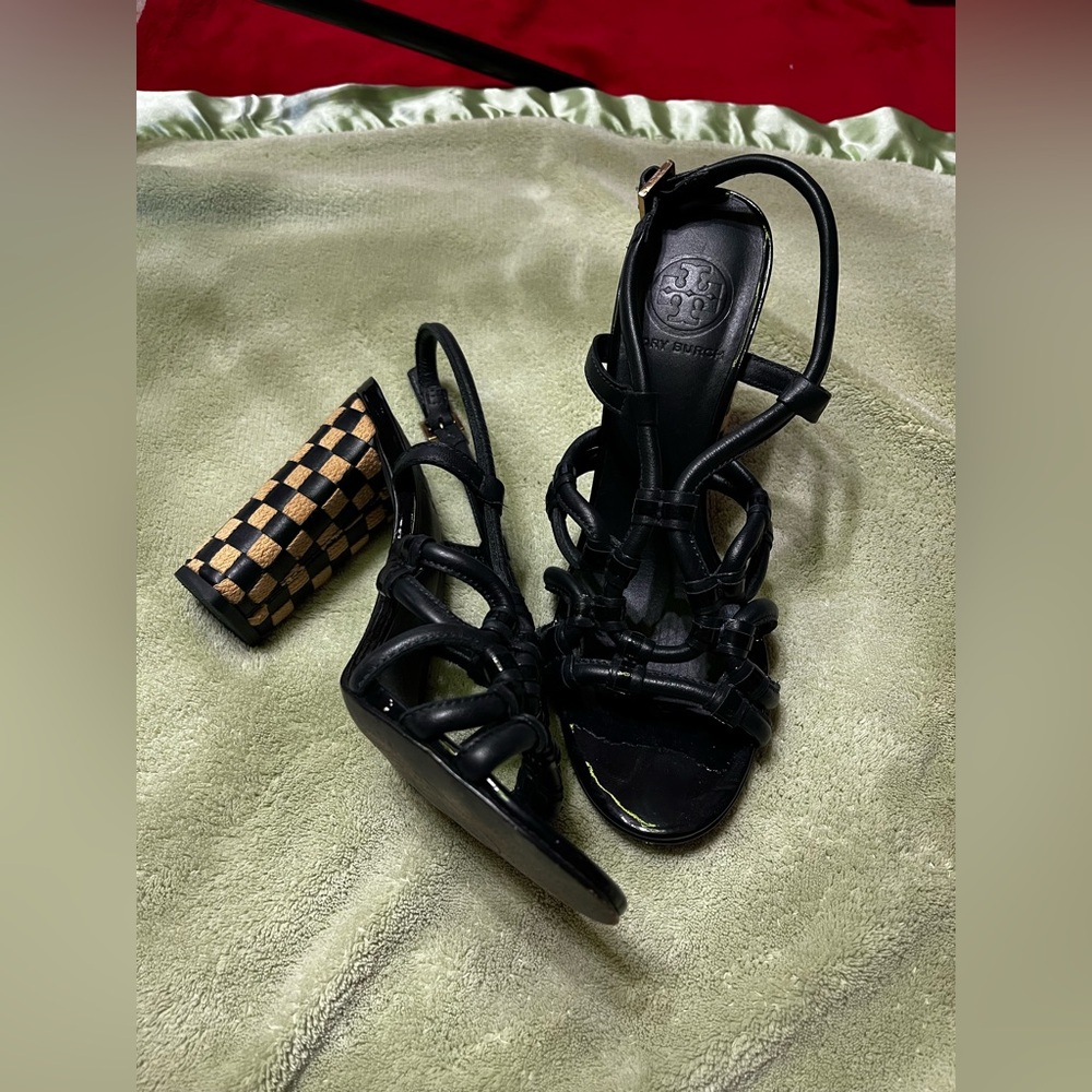 Tory Burch Black and Tan Strappy Block Heels - Picture 10 of 15